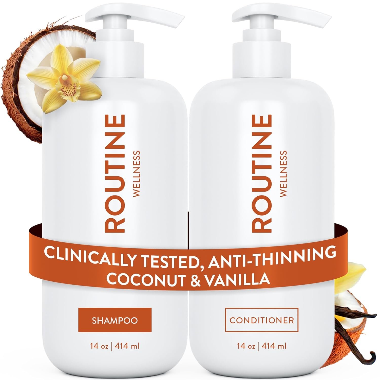 Routine Wellness Anti-Thinning Shampoo and Conditioner Set for Thinning Hair – Biotin DHT Blocker Women & Men – Color Safe Shampoo for Hair Loss & Healthier Hair – Coconut & Vanilla (Pack of 2)