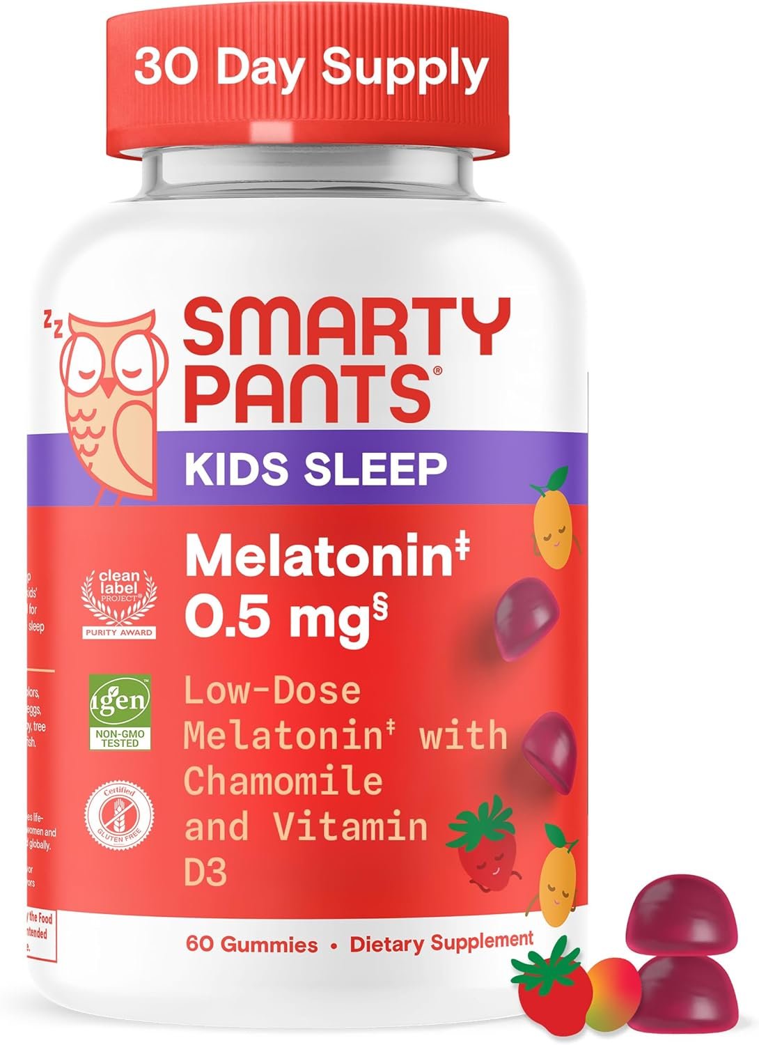 SmartyPants Kids Sleep Gummies Supplement with Melatonin 0.5mg: Chamomile & Vitamin D3, Sleep Aid, Strawberry Mango Flavor, 60 Count