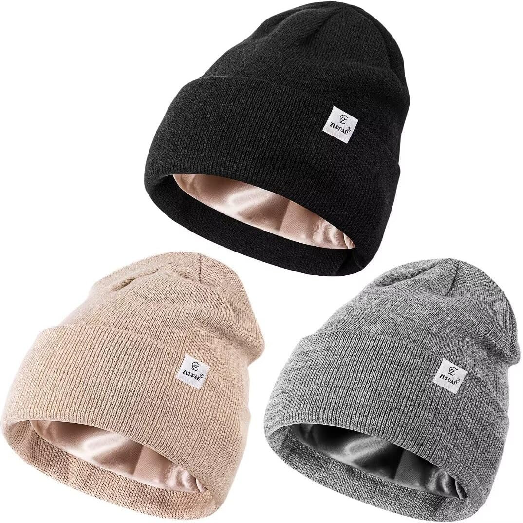 3 Pack Satin Lined Winter Beanie Hats for Women Men,Silk Lined Womens Beanies Knit Soft Warm Cuffed Hat