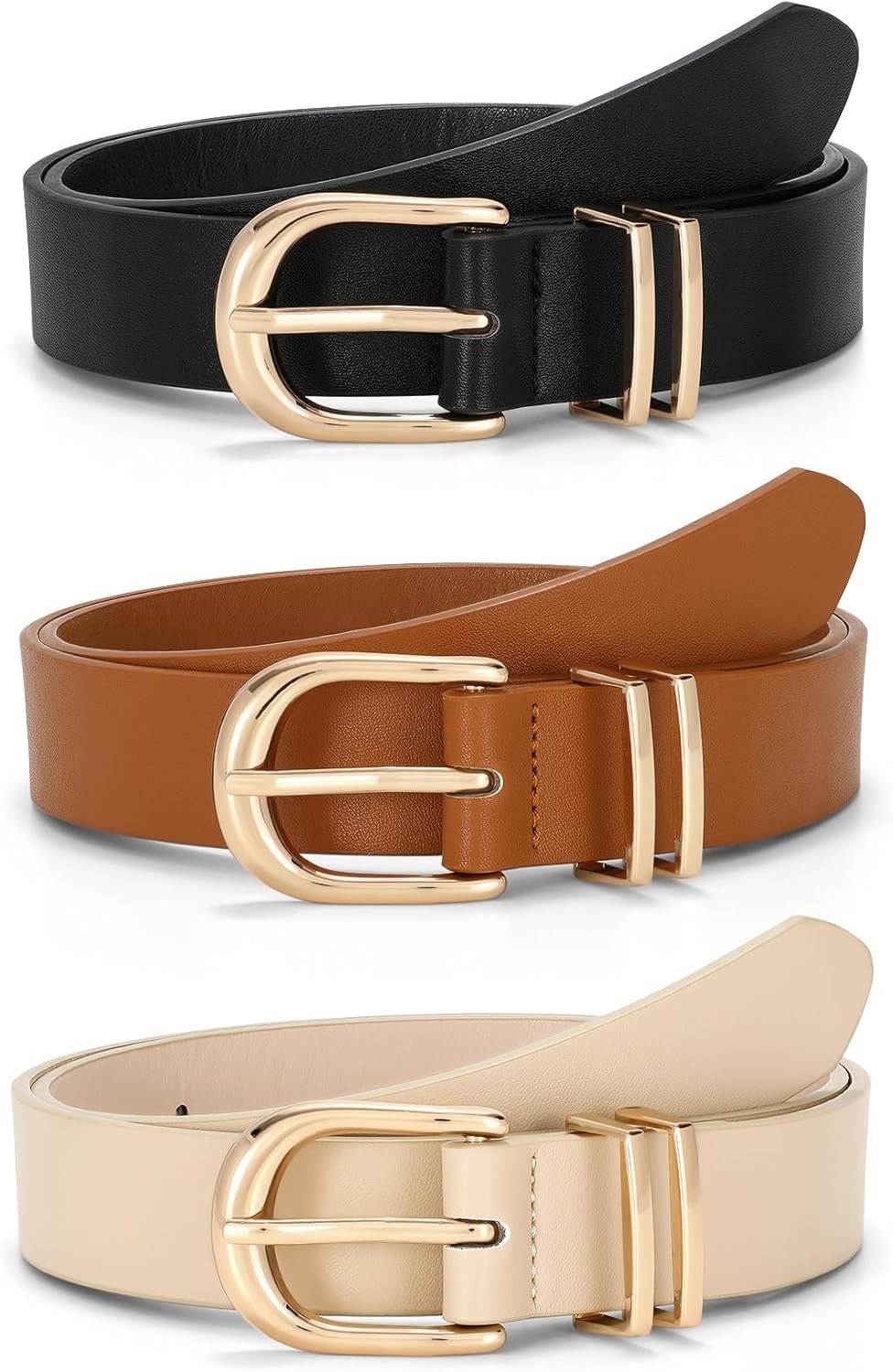 JASGOOD 3 Pack Women Leather Belts For Jeans Dresses Pants Ladies Faux Leather Waist Belt with Gold Buckle