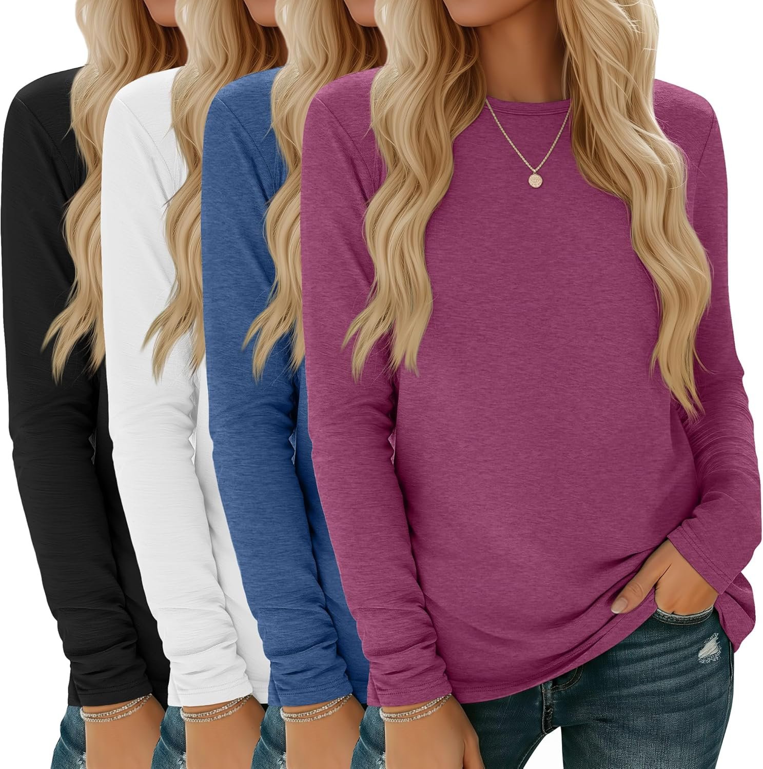 4 Pack Women’ Long Sleeve Shirts Tops Casual Loose Fit Crew Neck Basic Tee Fashionable Workout Layer Fall Outfit