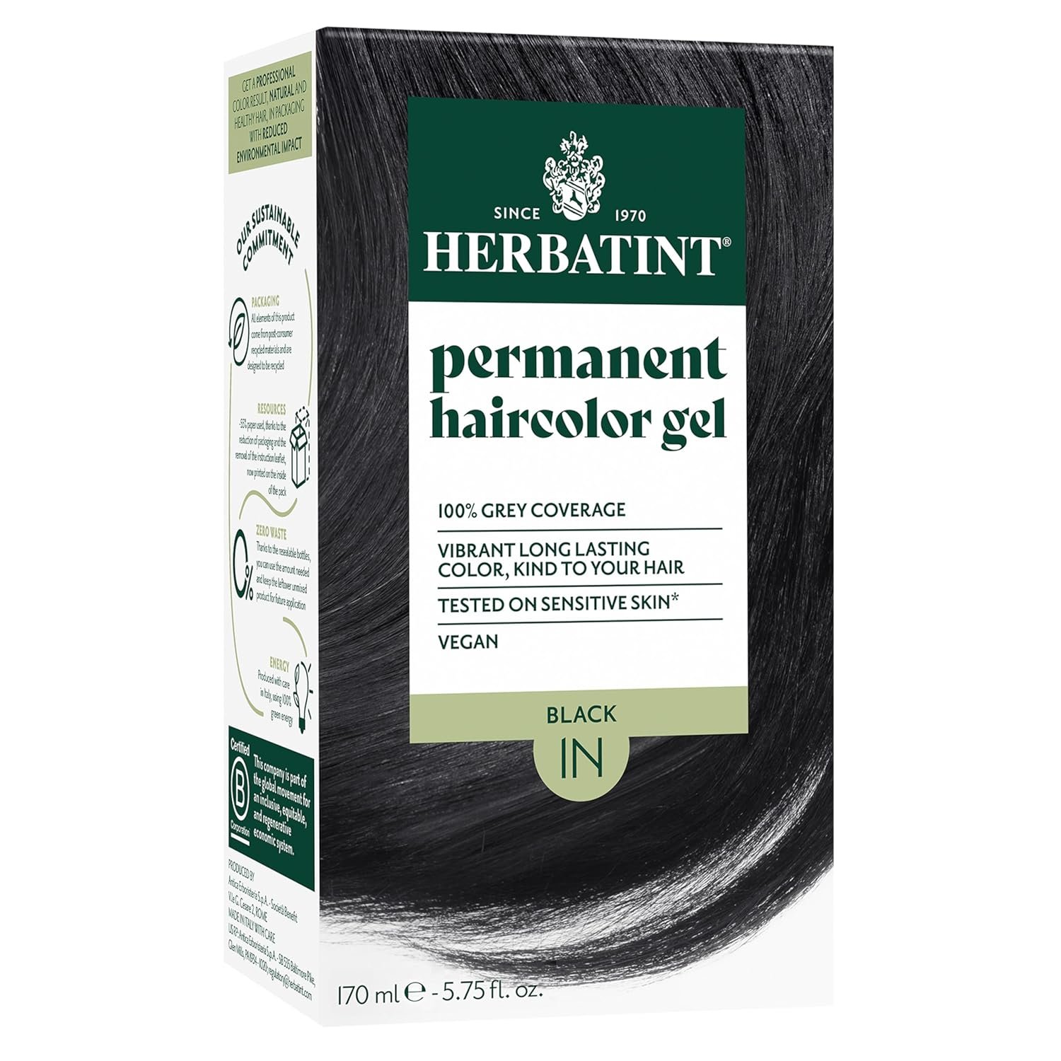 Herbatint Permanent Hair Dye For Women – 1N Black – For Up To 100% Gray Coverage – Ammonia-Free, Alcohol-Free & Vegan – Salon Influenced Hair color 5.75 Fl Oz