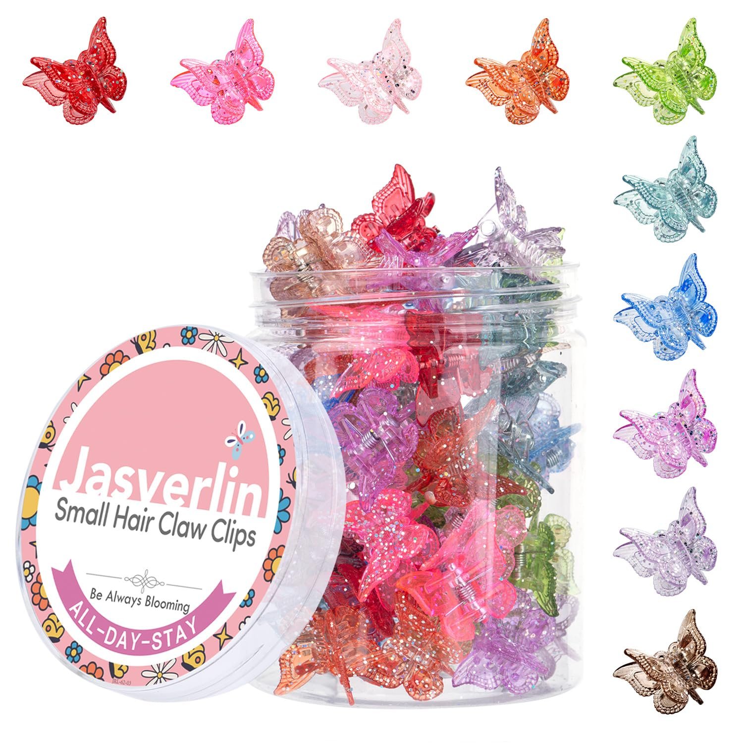 Glitter Mini Butterfly Hair Claw Clips, Sparkly Colorful Hair Accessories for Girls and Women – 90s Y2K Cute, Small, Tiny Clip in 10 Assorted Colors, Set of 50 (Glitter)