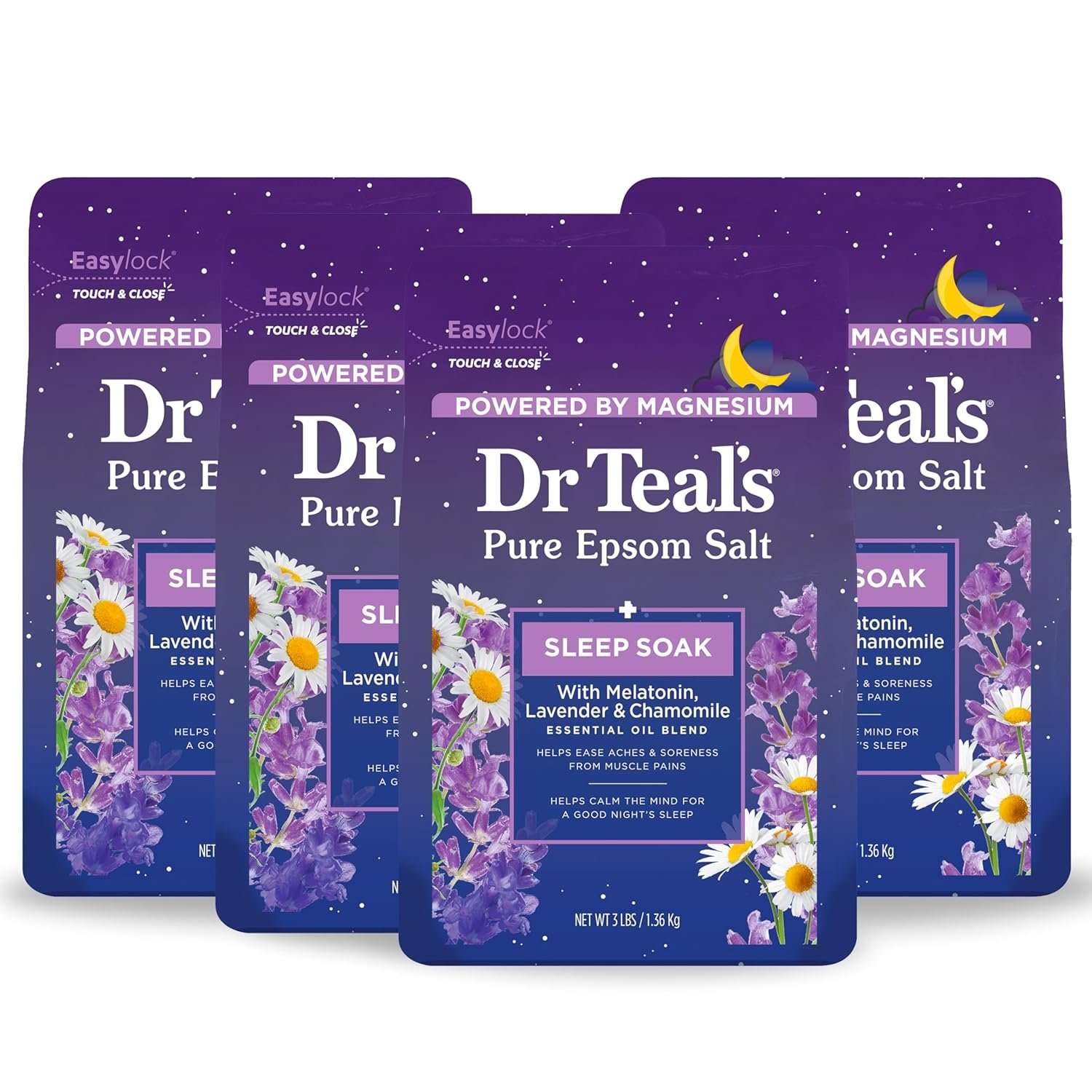 Dr Teal’s Pure Epsom Magnesium Salt Soak, Sleep Blend with Melatonin, Lavender & Essential Oils, 3 lb (Pack of 4)