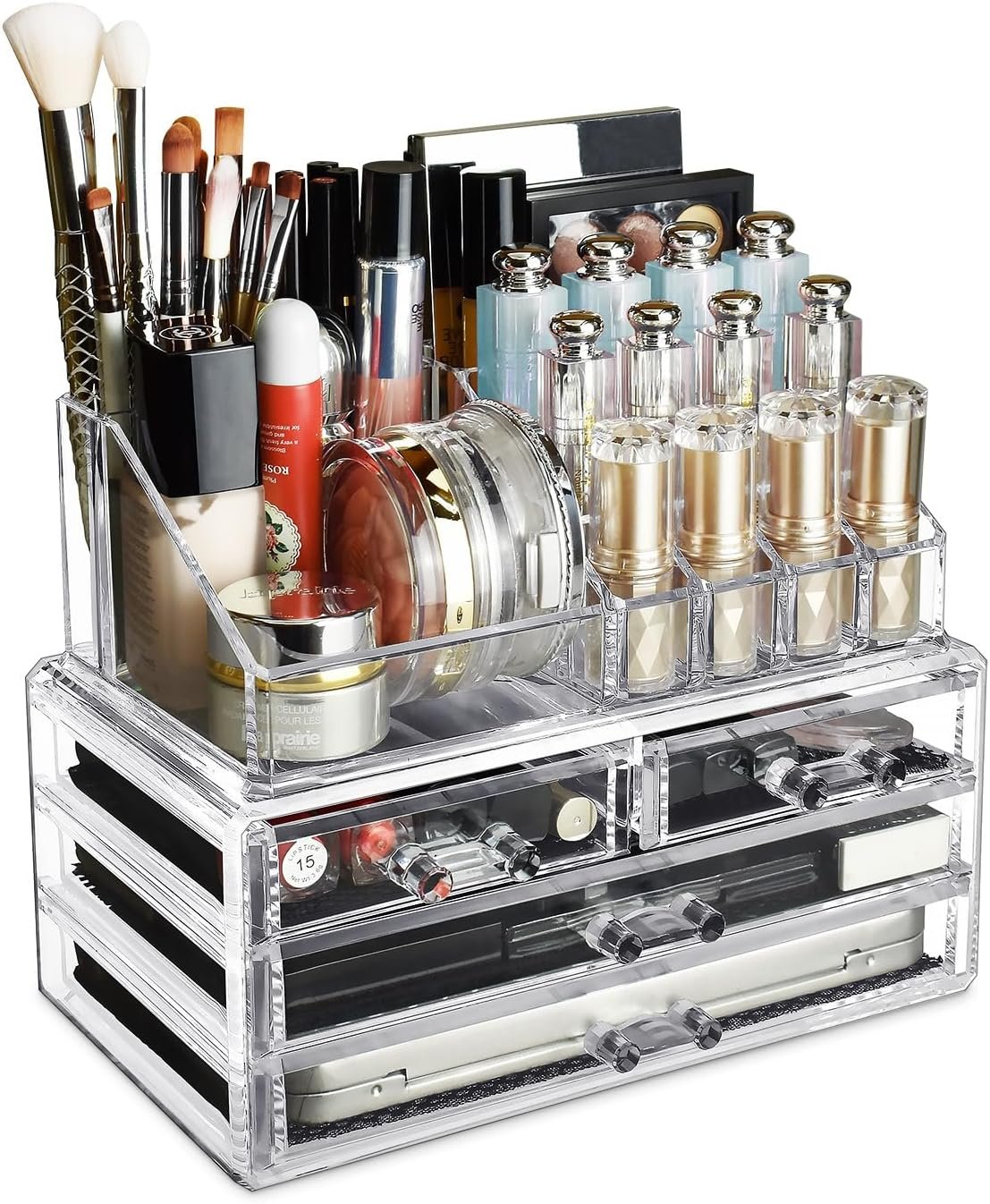Ikee Design Acrylic Makeup Organizer with 4 Drawers and Removable Top Lipstick Holders, Ideal for Make-up or Accessories,Enhance Your Vanity or Bathroom with Clear Design for Quick Visibility