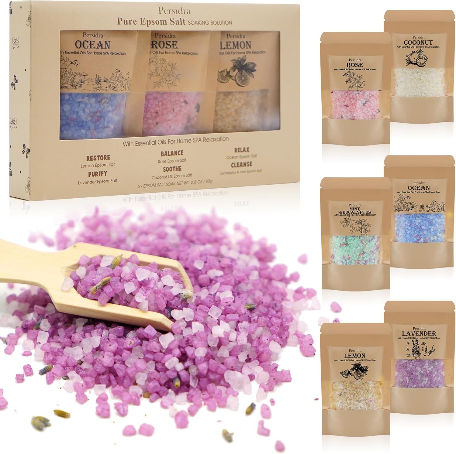 Bath Salts Gift Set 6-Pack – Relaxing Aromatherapy Spa Set for Women, 80g Self-Care Gifts for Mom, Mother’s Day Birthday Gifts with Natural Sea Salts