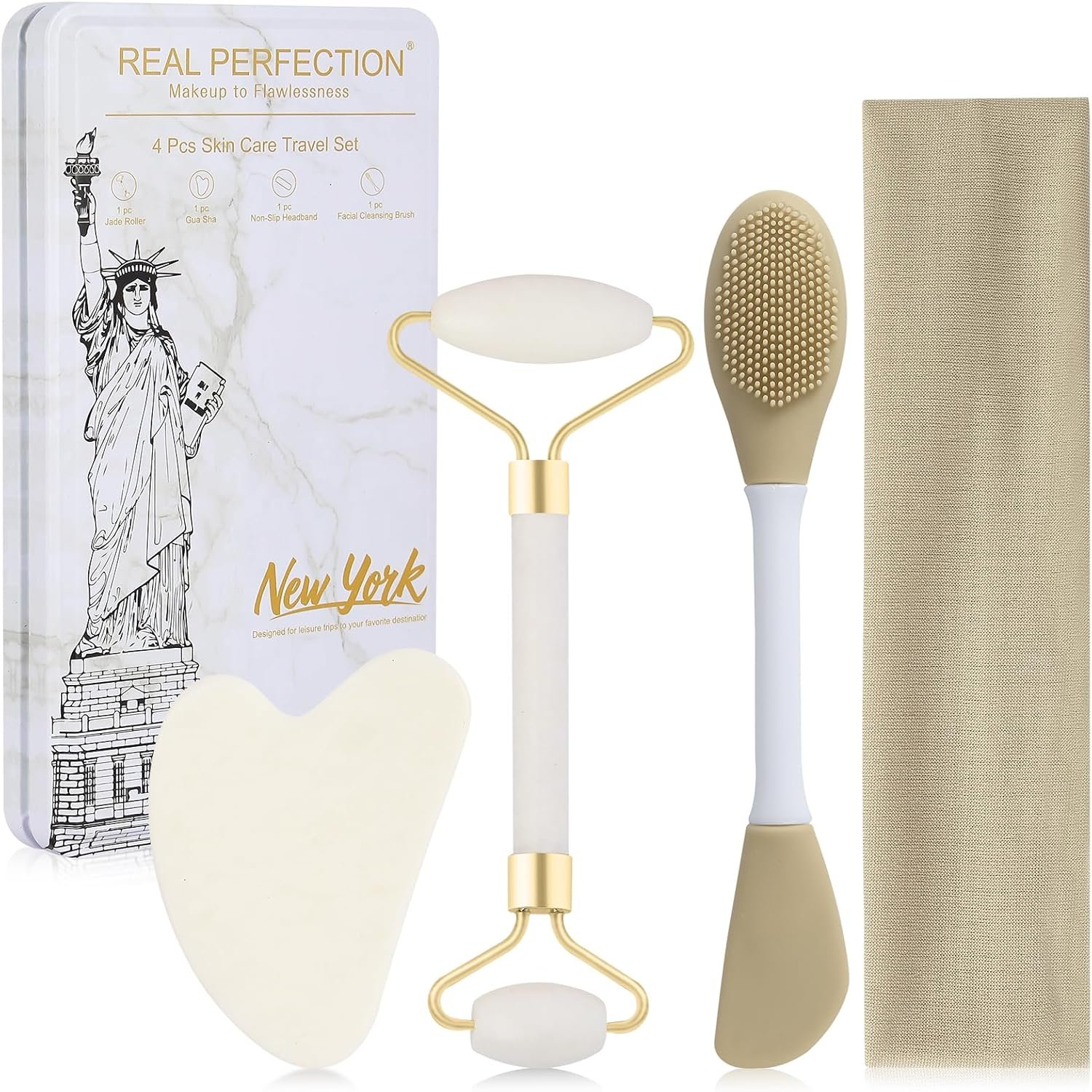 Real Perfection Gua Sha Facial Tools Face Roller for Wrinkles Jade Roller and Gua Sha Set, Scrubber Pore Brush Headband Skin Care Tools for Travel Skincare Routine Massaging Reducing Puffiness – White