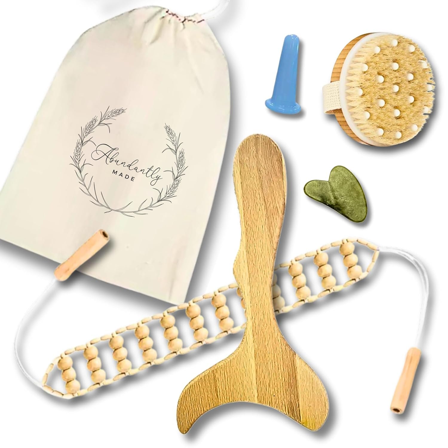 Abundantly Made Co. | 6-Piece Lymphatic Drainage Variety Kit + Wood Therapy Massage Tools | Wood, Jade & Silicone for Maderoterapia, Gua Sha, Cupping & Dry Brushing | Body Sculpting + Fascia Massager
