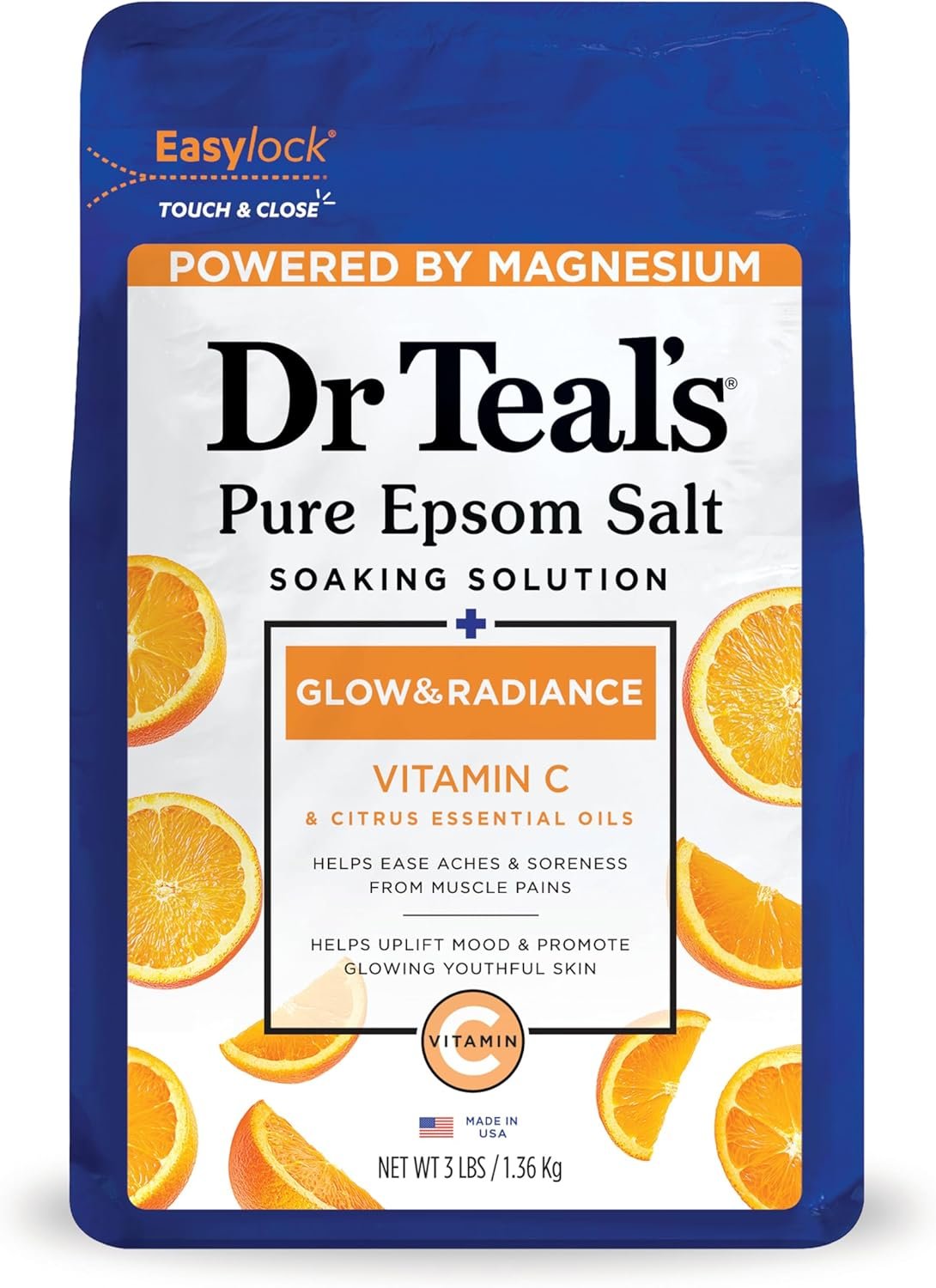Dr Teal’s Pure Epsom Magnesium Salt Soak, Glow & Radiance with Vitamin C & Citrus Essential Oils, 3 lbs