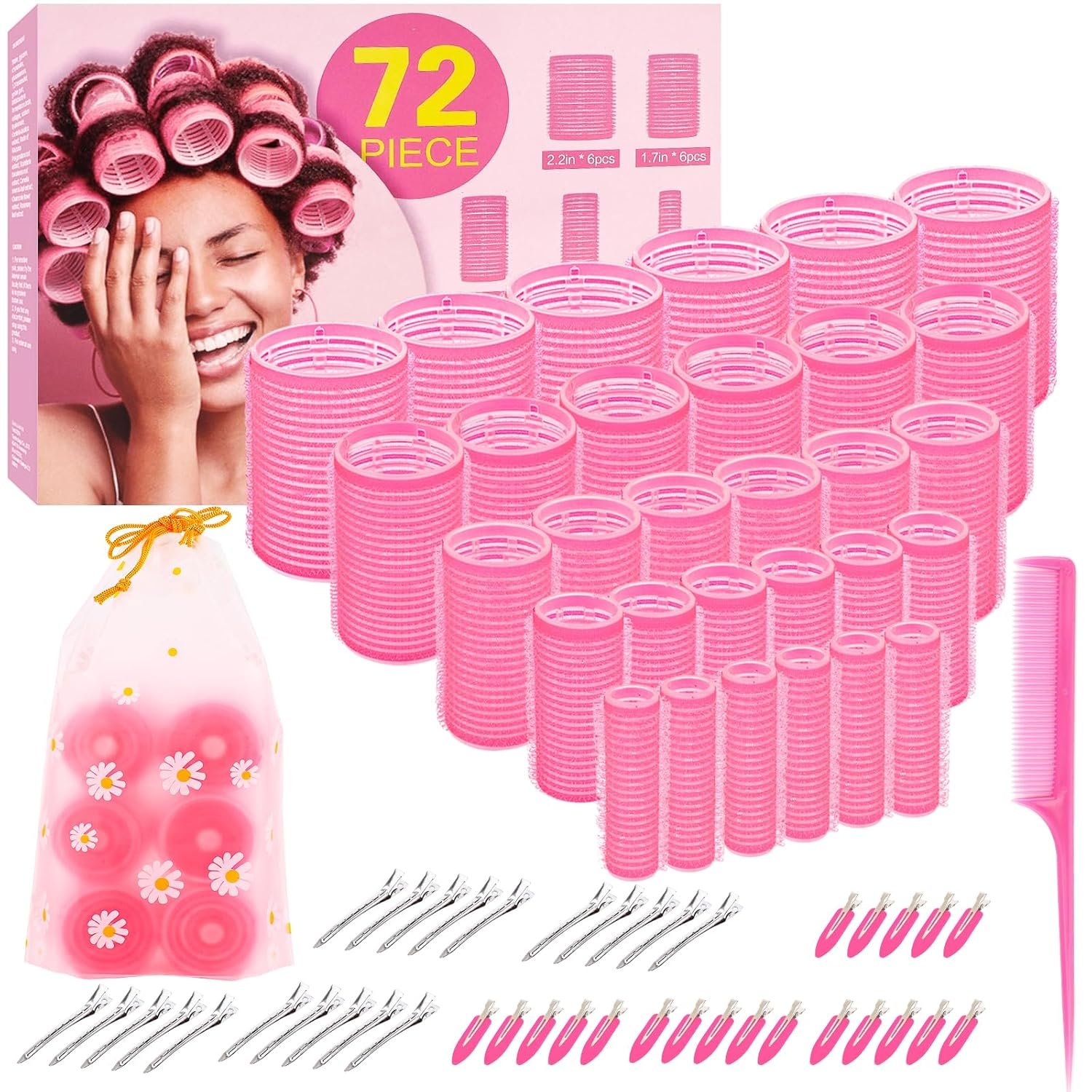 5 Size Hair Rollers, 72Pcs Roller Set, Hair Curlers for Blowout Look Long, Short Hair, Jumbo Large Big Small 30 Hair Rollers, 40 Roller Clips, Tail Comb, Storage Bag