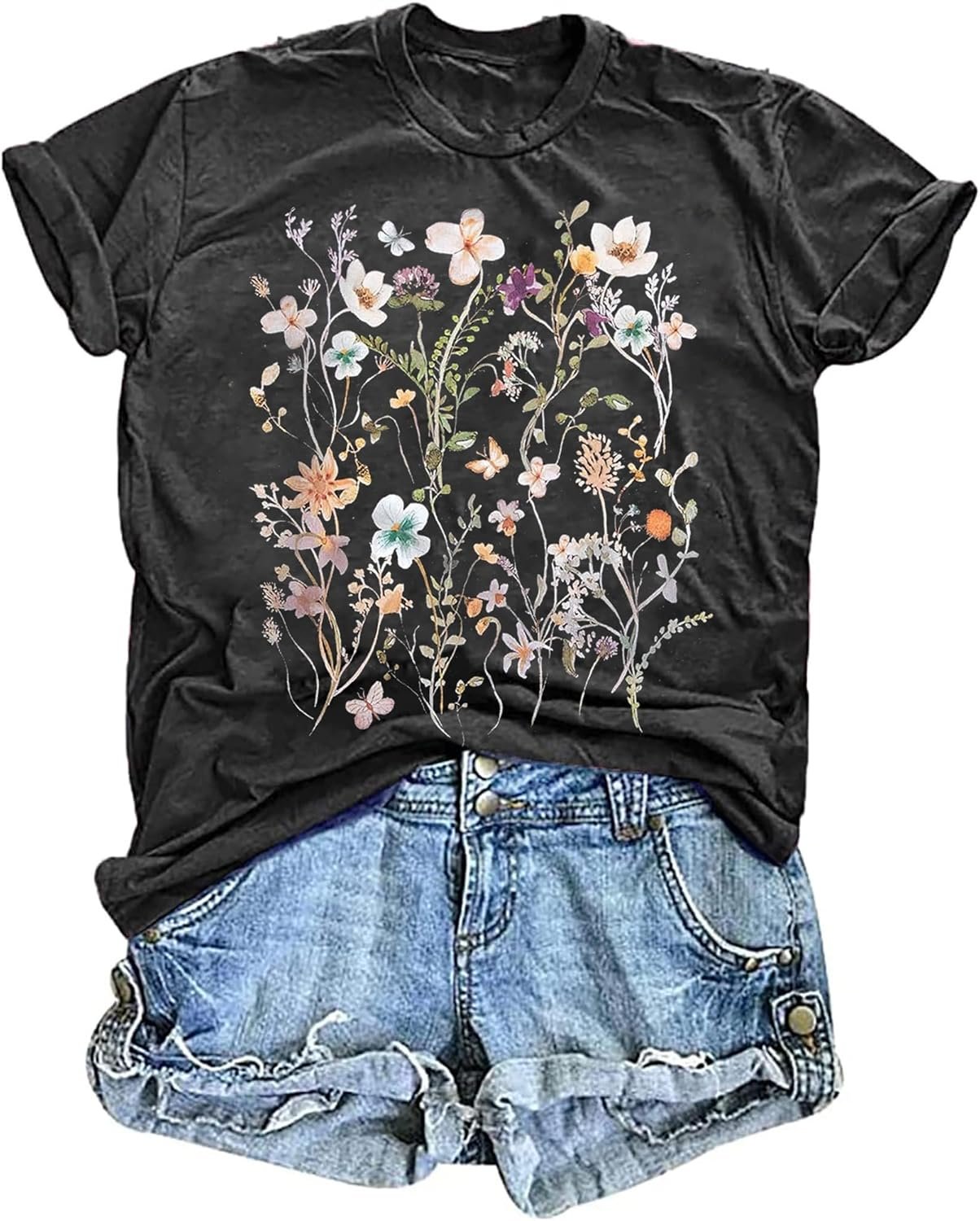 Women’s Vintage Floral T Shirt Boho Wildflower Graphic Loose Tees Short Sleeve Casual Tops