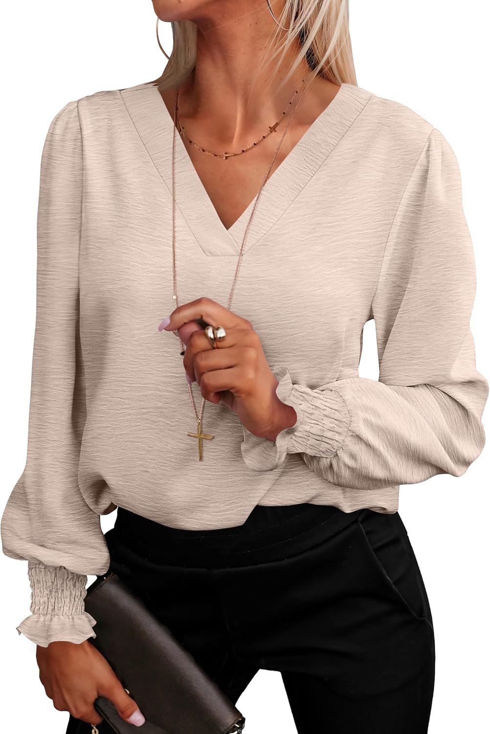 ANRABESS Women’s Business Casual Tops V Neck Puff Long Sleeve Shirts Dressy Office Work Blouse 2026 Fall Outfits Clothes