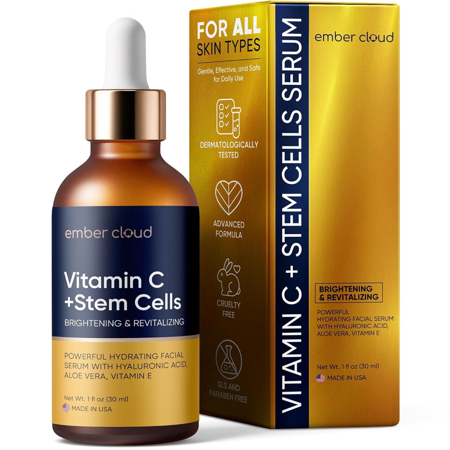 Ember Cloud Vitamin C Serum for Face with Stem Cells Hyaluronic Acid Vitamin E Aloe Vera For All Skin Types Anti-Aging Face Seru Supports Skin Health & Even Tone Day and Night Made in USA 1 Oz
