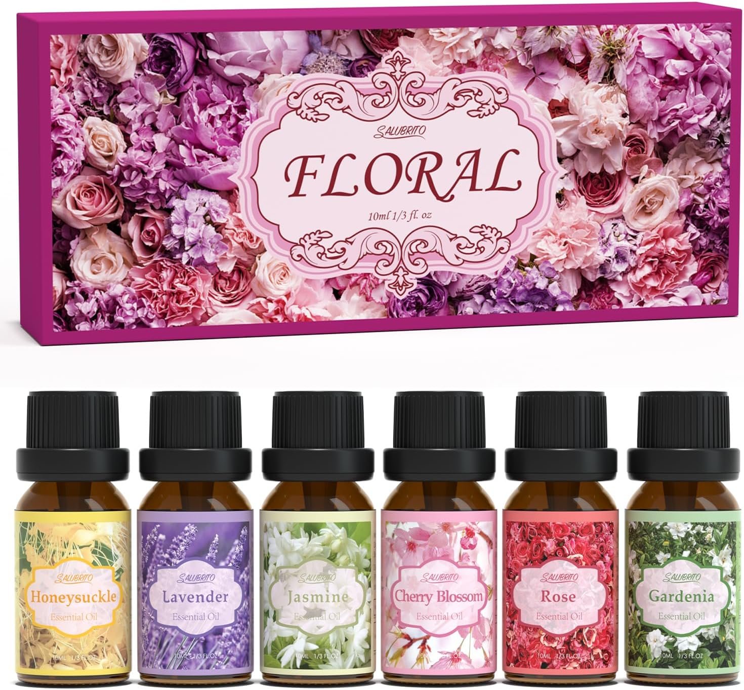SALUBRITO Floral Fragrance Oils Set, Essential Oils for Diffuser & Candle Making Scents, 6x10ml Aromatherapy Oils Gift Set – Jasmine, Lavender, Rose, Gardenia, Cherry Blossom, Honeysuckle Oil