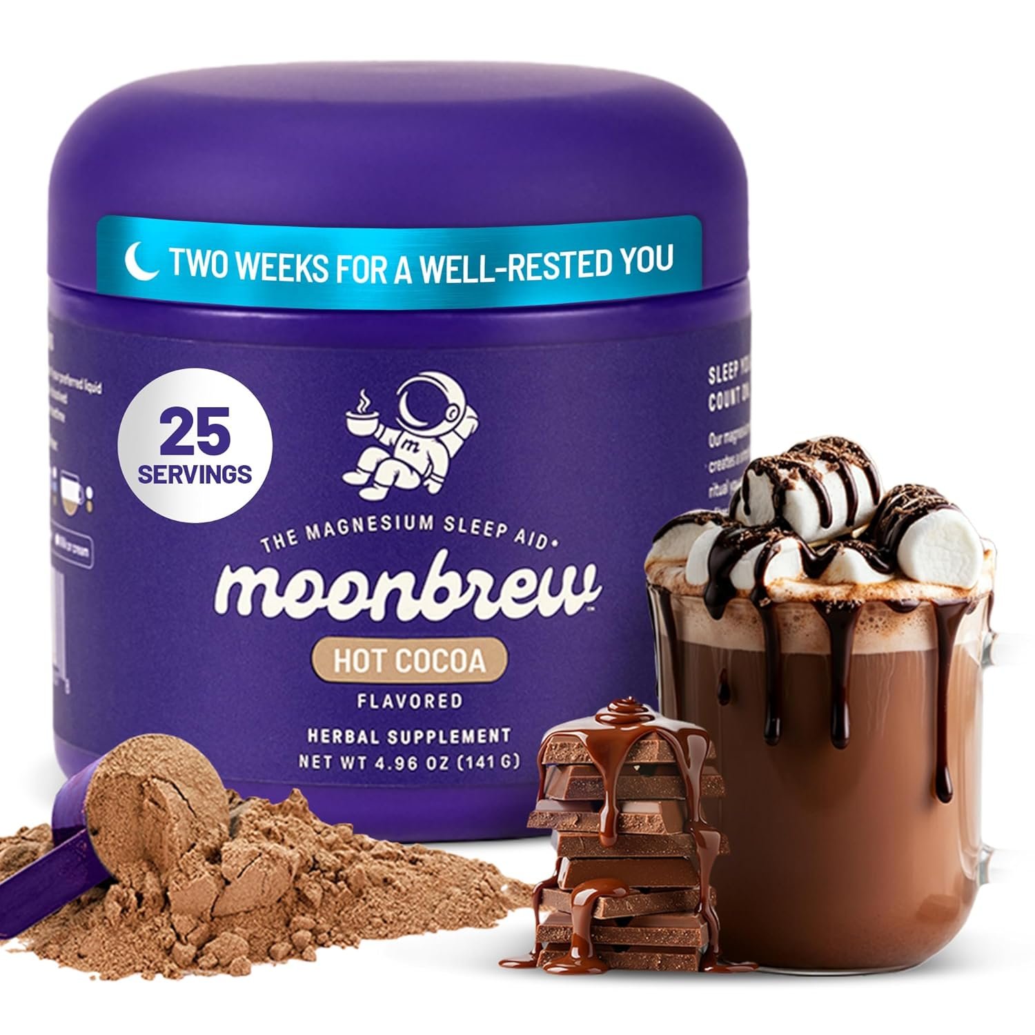 MoonBrew Nighttime Magnesium Hot Cocoa Jar, Natural Sleep Aid Drink Mix for Adults – Calming Melatonin-Free Sleep Support – Sleepy Hot Chocolate Powder with L-Theanine, Chamomile & Zinc Glycinate