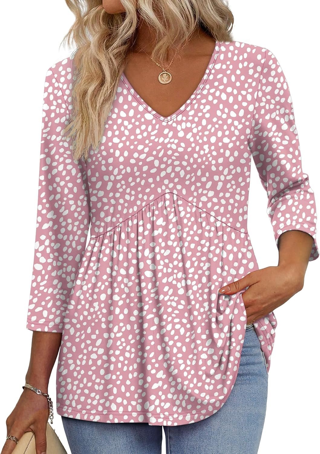 3/4 Length Sleeve Womens Tops 2025 Blouses for Women Dressy Casual Fashion Clothing V Neck Babydoll Tops Fall Outfits