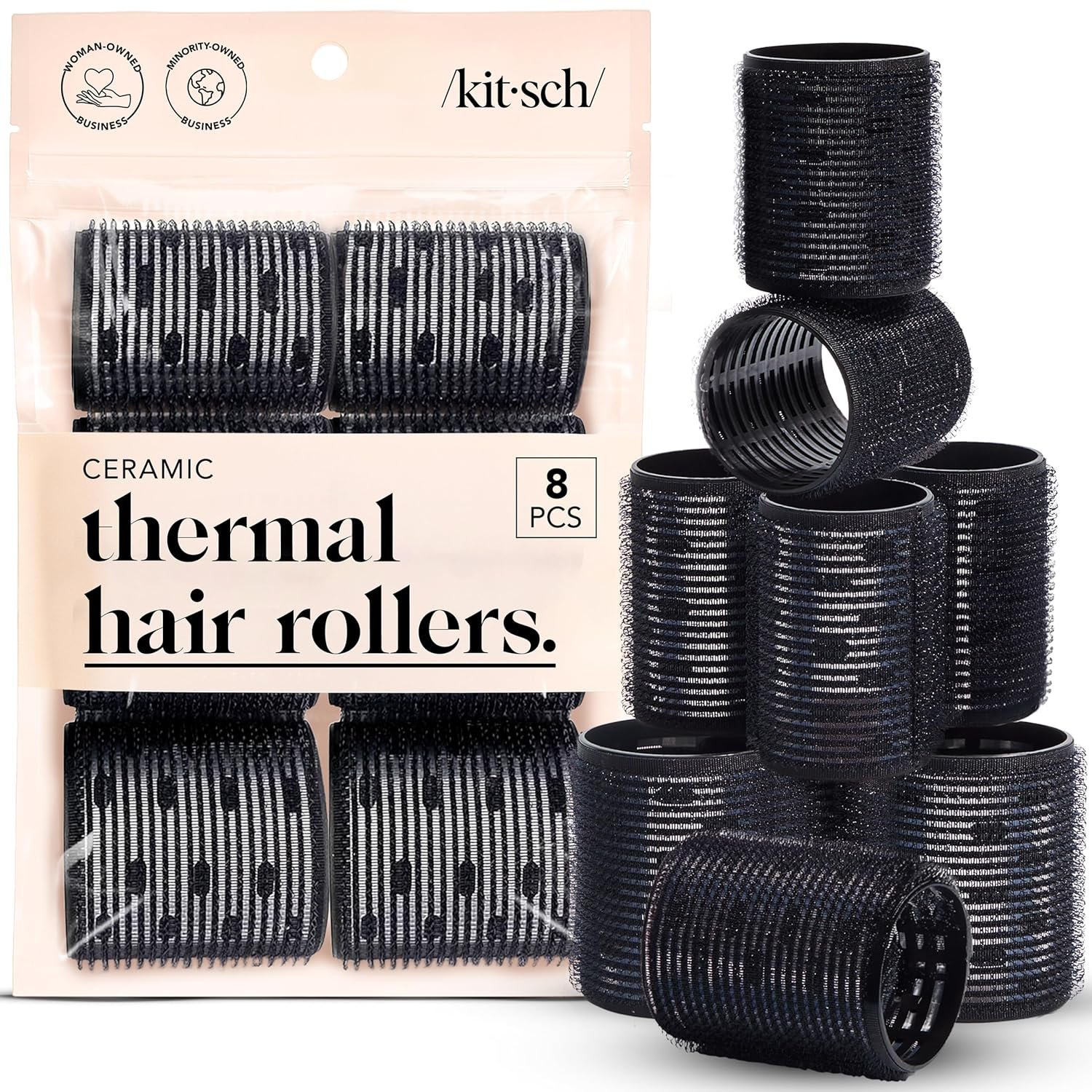 Kitsch Ceramic Thermal Hair Rollers for Women – Self Grip Hair Curlers for Heatless Curls Overnight – Volumizing Large Rollers for Short & Long Hair – For Long Lasting Frizz-Free Curls – Black, 8pcs