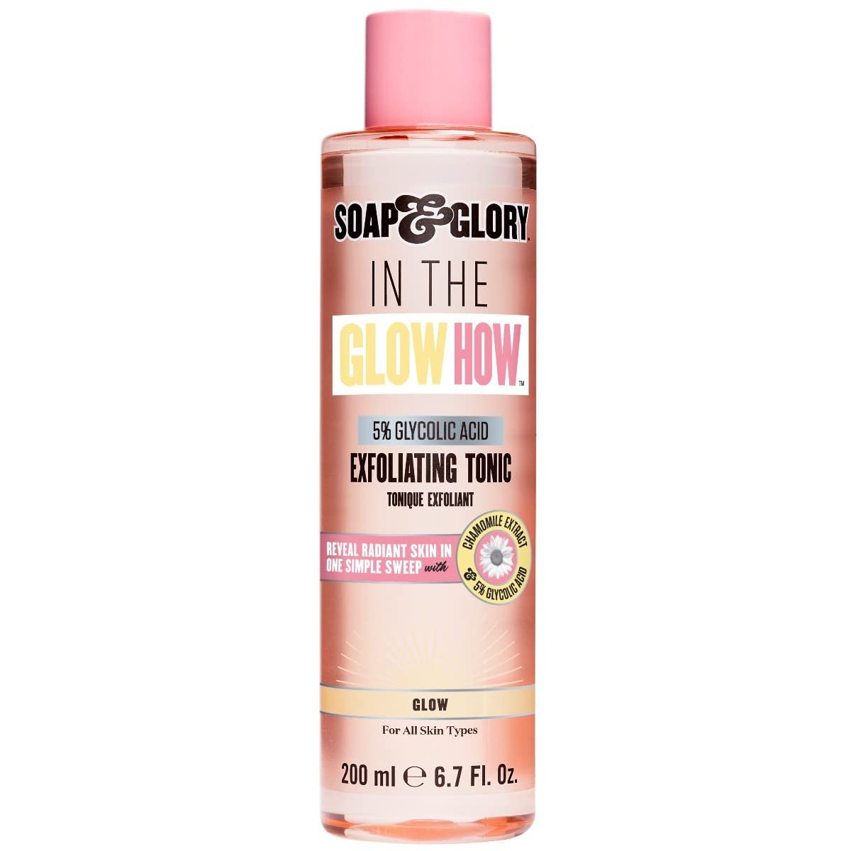 Soap & Glory in The Glow How Vitamin C 5% Glycolic Acid Exfoliating Tonic – Gentle Glycolic Acid Toner + Chamomile Extract – Pore Exfoliating Toner + Glow Tonic for Brighter, Healthier Skin (200ml)