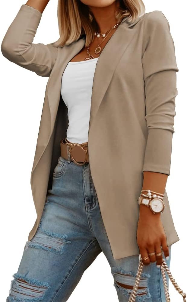 Womens Casual Long Sleeve Blazers Solid Color Knit Blazer Work Office Open Front Blazer Jacket