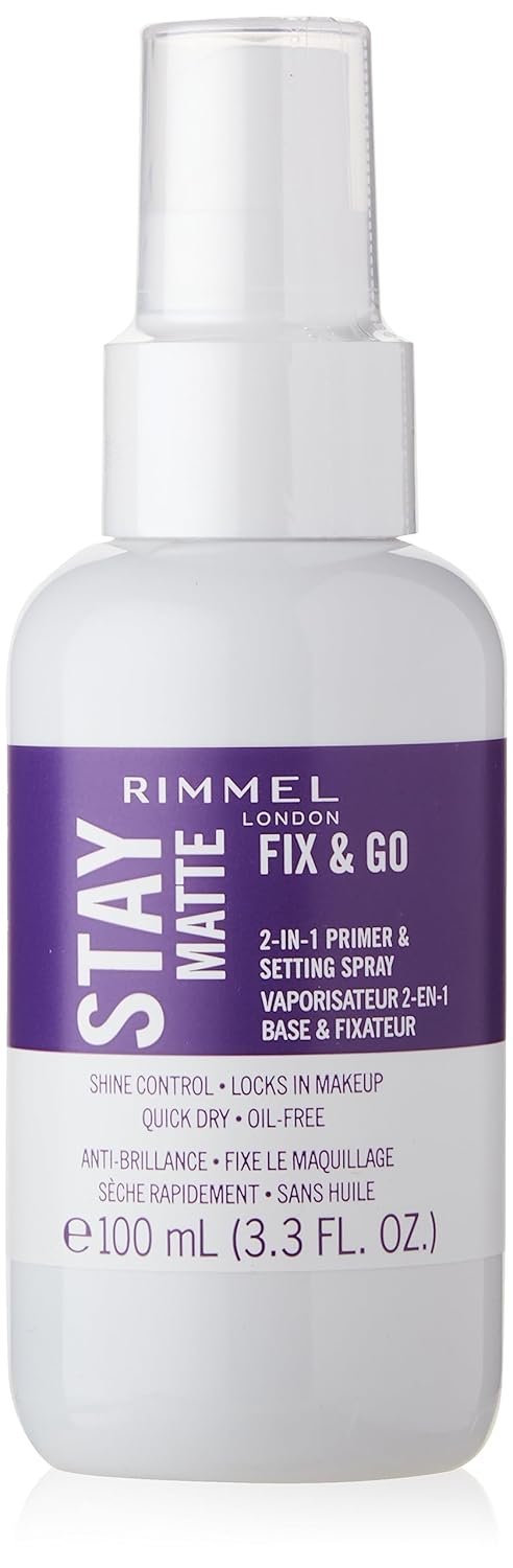 Rimmel London Stay Matte Fix & Go – 001 Transparent – 2-in-1 Primer & Setting Spray, Oil-Free, Locks Makeup into Place, Soothes Skin, 3.3 oz