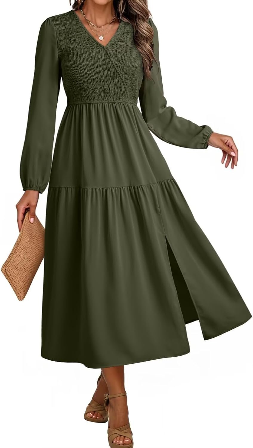 Dokotoo Fall Dresses for Women 2025 Long Sleeve V Neck Smocked Empire Waist Ruffle Tiered Casual Split Maxi Dress