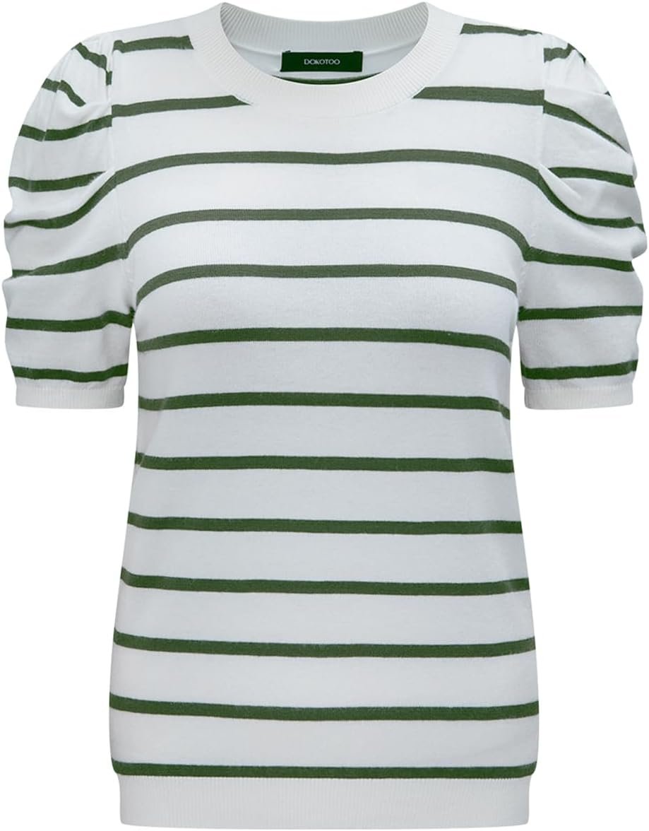 Dokotoo Women’s Short Puff Sleeve Knit Tops 2026 Trendy Crewneck Striped T Shirts Casual Summer Blouses