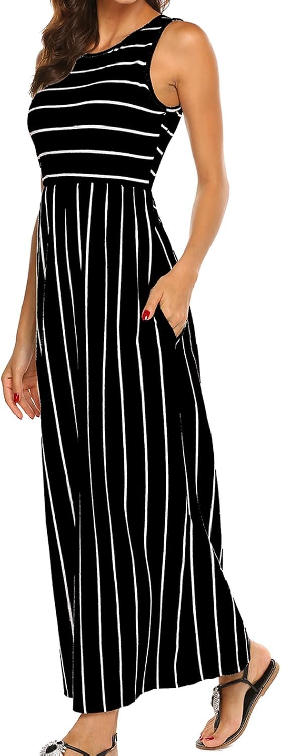 Hount Women’s Summer Sleeveless Striped Flowy Casual Long Maxi Dress with Pockets