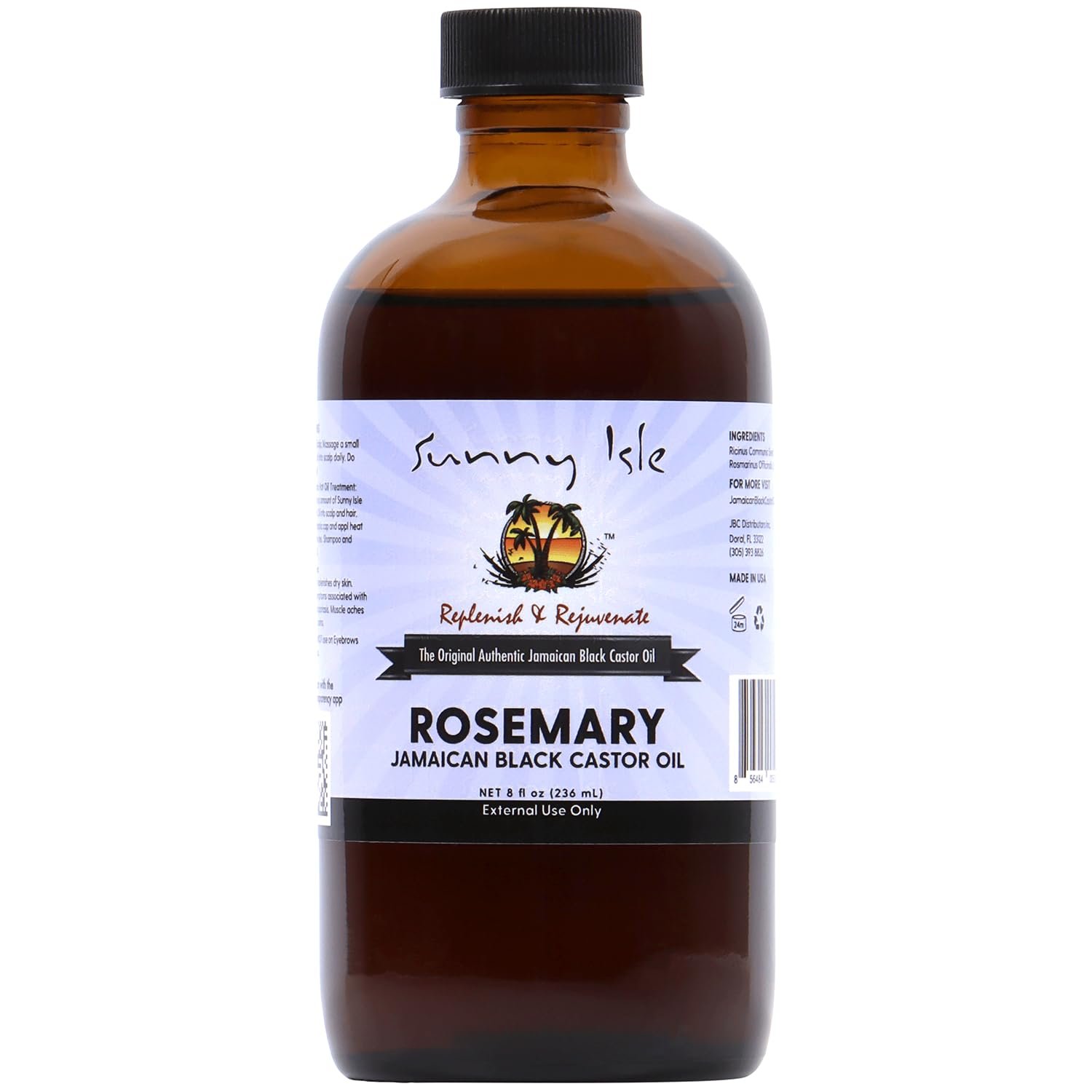 Sunny Isle Rosemary Jamaican Black Castor Oil 8oz | Hair Growth Formula | For Scalp & Gentle Acne-Prone Skin Care | Hot Oil Treatment