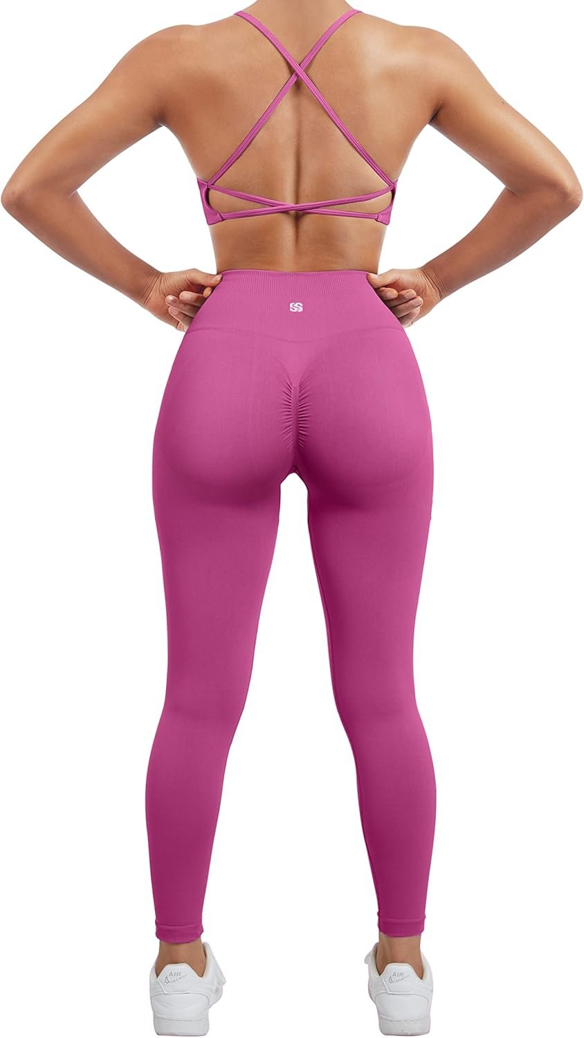 SUUKSESS Women Seamless Workout Sets Strappy Sports Bra High Waist Booty Leggings Outfits