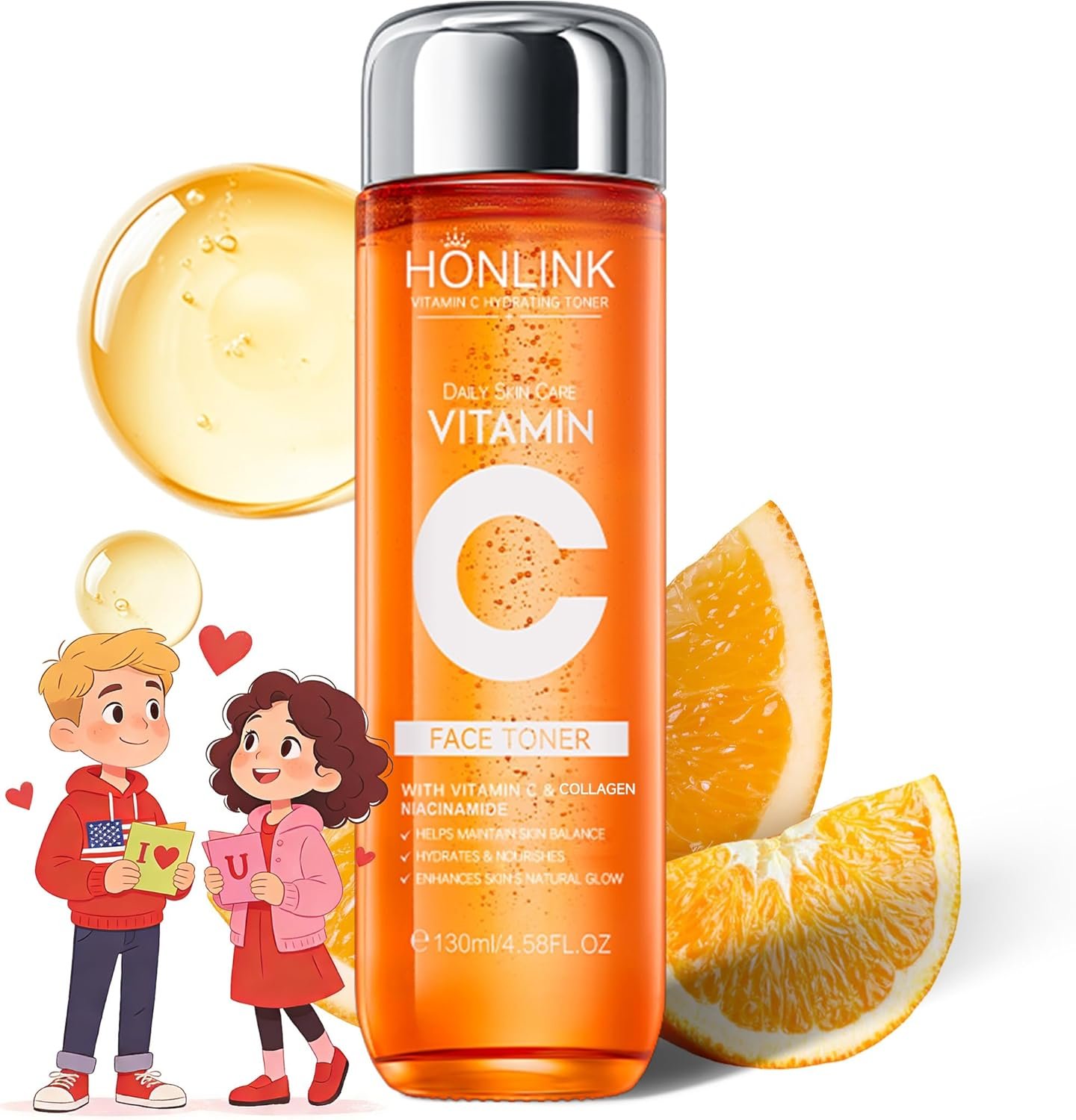 Vitamin C Face Toner 130ml, HONLINK 5X Vitamin C Complex with Niacinamide & Hyaluronic Acid, Hydrating & Balancing Toner for Daily Skincare, Valentine’s Day Gift for Her