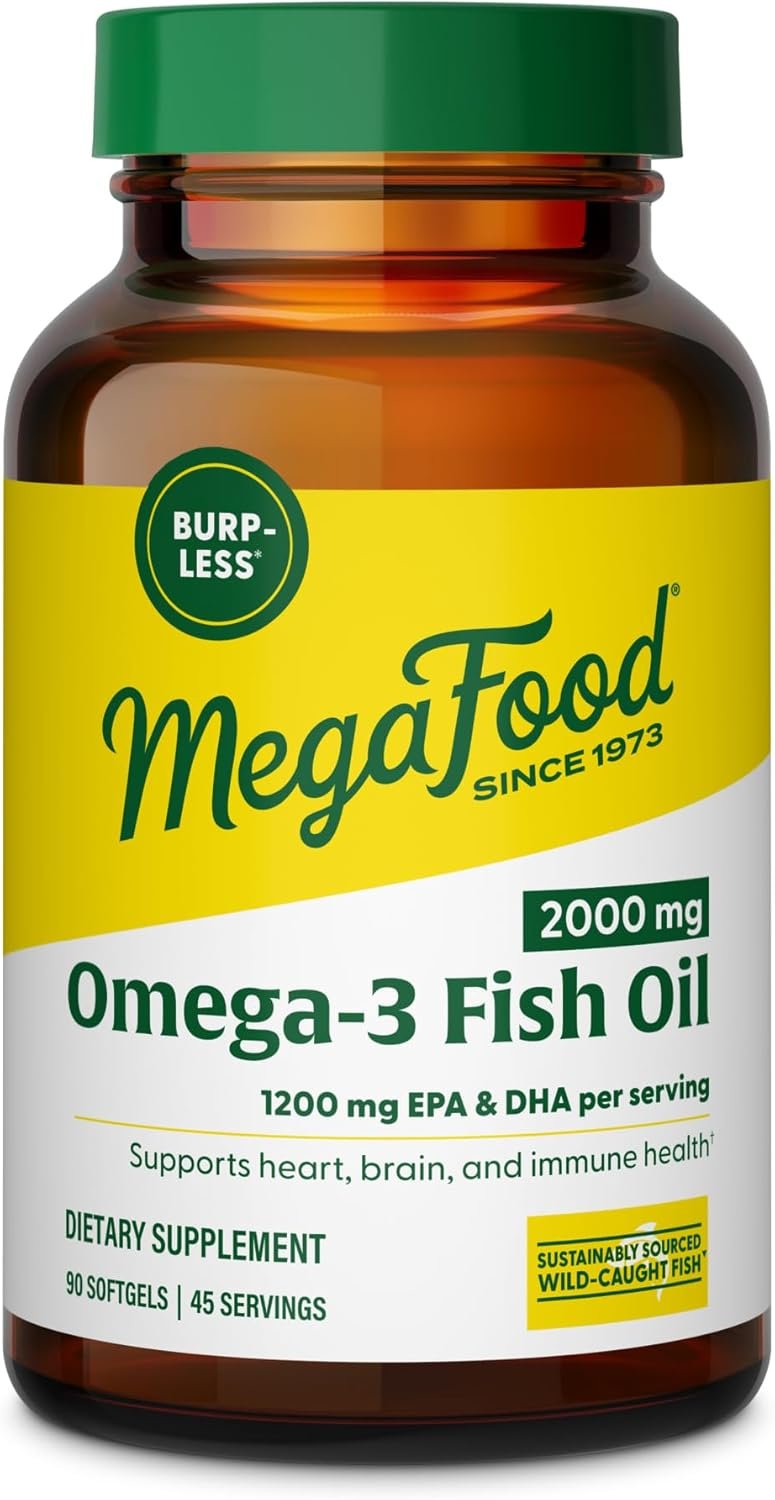 MegaFood 2000mg Fish Oil Omega 3 Supplements – Burp-Less & Lemon Oil Infused – Heart, Brain, Eye, Joint & Immune Support Supplement – 1200mg EPA & DHA Per Serving – 90 Softgels, 45 Servings