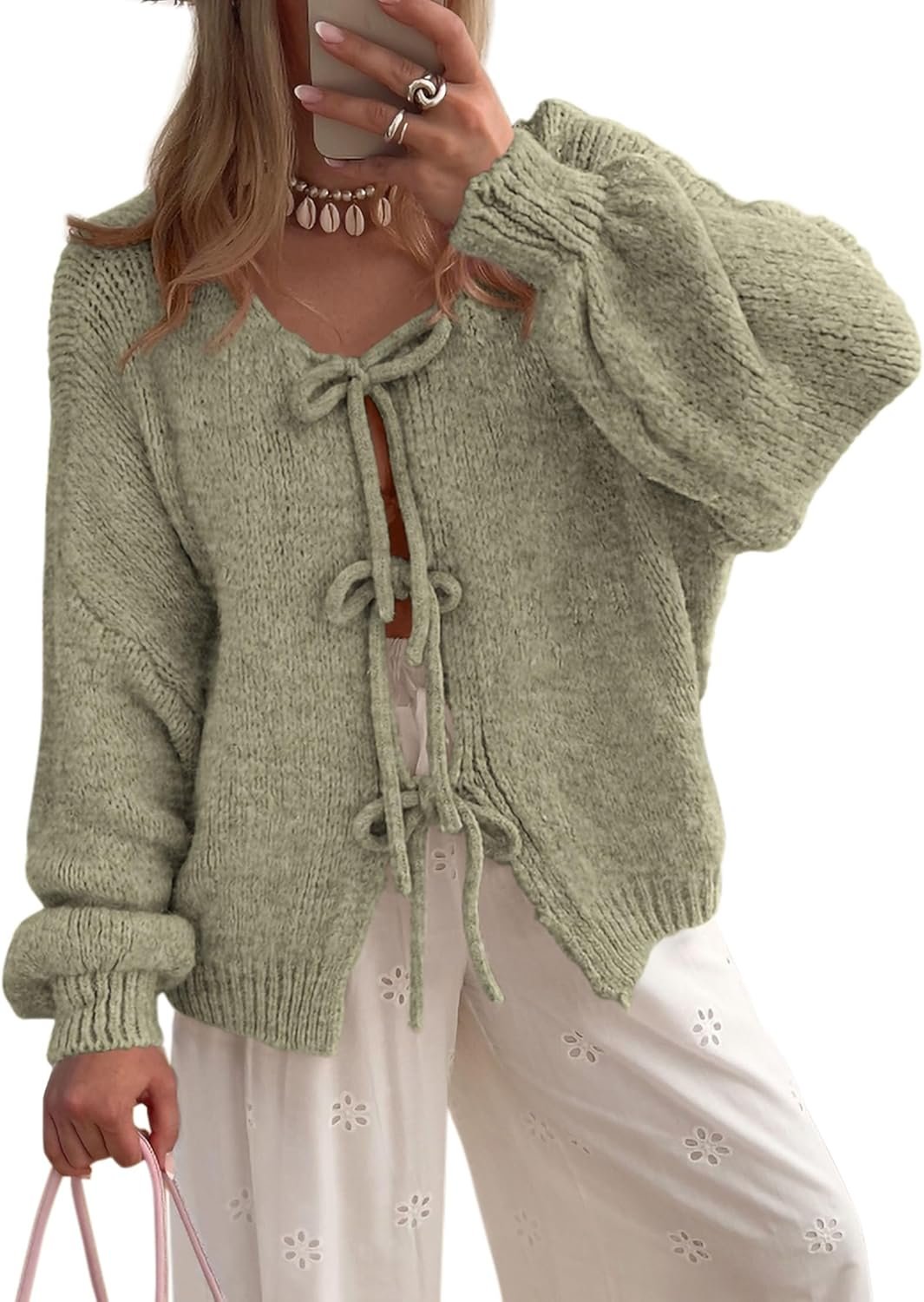 PRETTYGARDEN Women’s Tie Front Bow Cardigan Sweaters Chunky Knit Long Puff Sleeve Trendy Fall Winter Jacket Coats