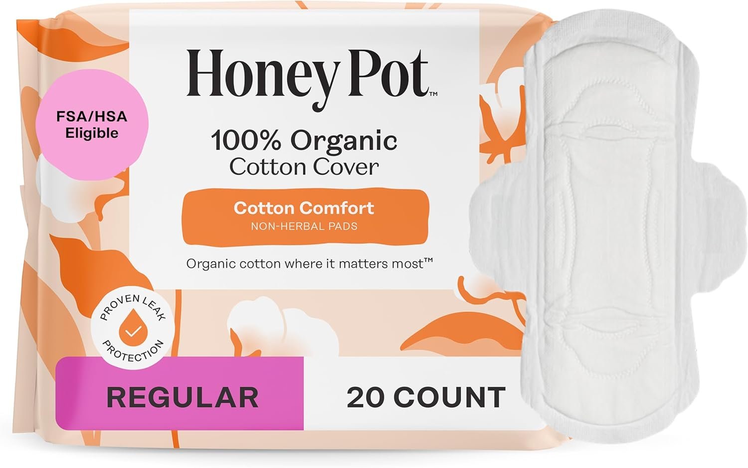 The Honey Pot Company – Sanitary Pads for Women – Non-Herbal Regular Flow w/Wings – Organic Cotton Cover & Ultra-Absorbent Pulp Core – Feminine Care – 20 ct