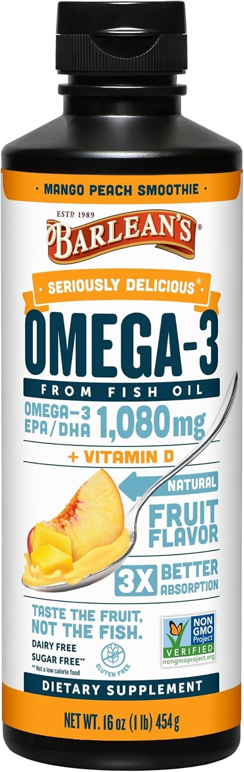 Barlean’s Omega 3 Fish Oil Liquid Supplement with Vitamin D for Men and Women, 1080mg of EPA and DHA Fatty Acid, Promotes Brain & Heart Health – Non-GMO, Mango Peach, 16 oz