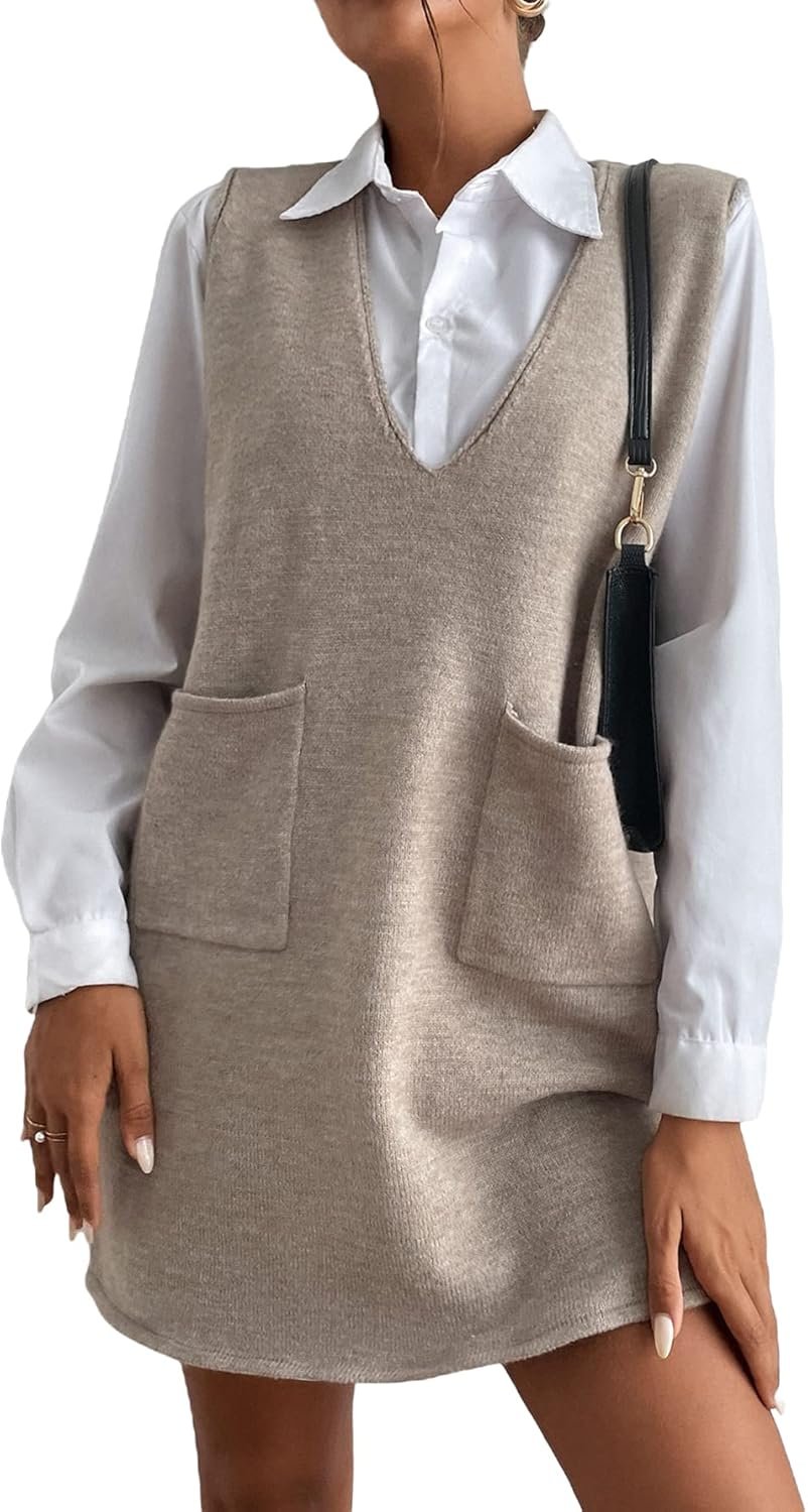 OYOANGLE Women’s V Neck Sleeveless Knitted Solid Short Sweater Dress with Pockets