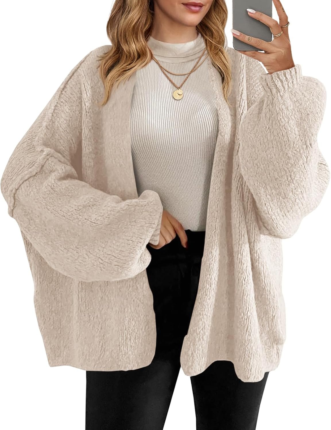 Saodimallsu Womens Oversized Cardigan Sweaters Open Front Chunky Knit Casual Long Lantern Sleeve Fall Sweater Coats