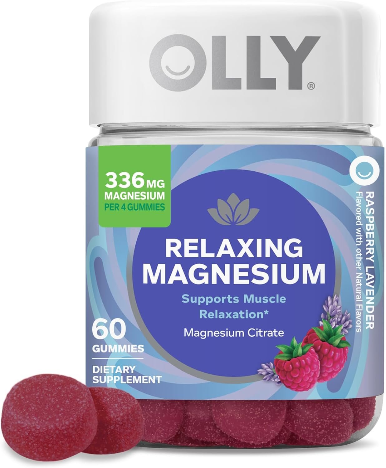 OLLY Relaxing Magnesium Gummies, Supports Muscle Relaxation*, Magnesium Citrate, Raspberry Lavender Flavor, 15 Day Supply – 60 Count
