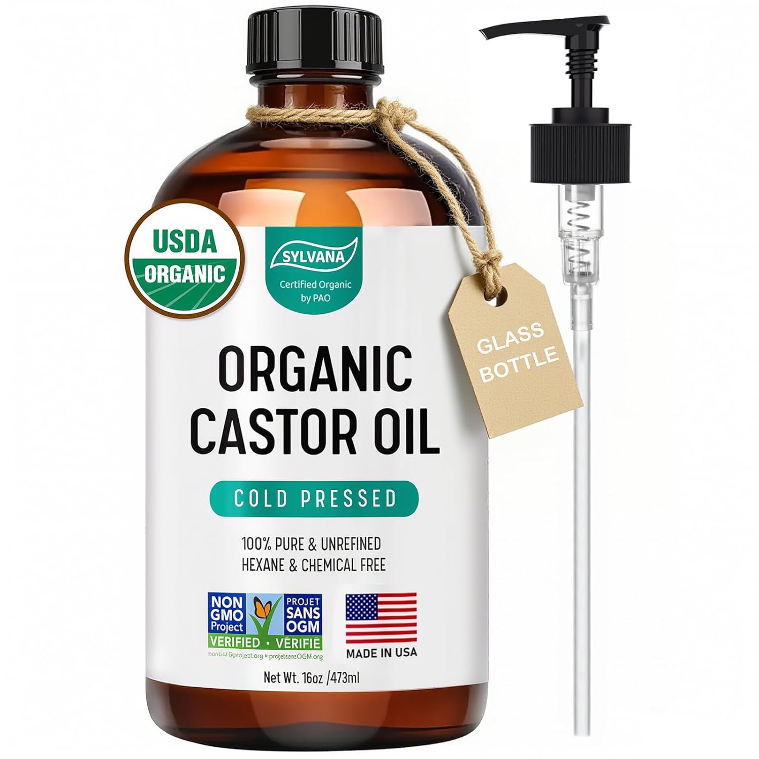 SYLVANA Organic Castor Oil with Pump (16oz Glass Bottle), USDA Certified Organic, Cold Pressed, Hexane Free, Vegan – 100% Pure Castor Oil for Hair Growth, Nourishing Skin, Lashes & Eyebrows