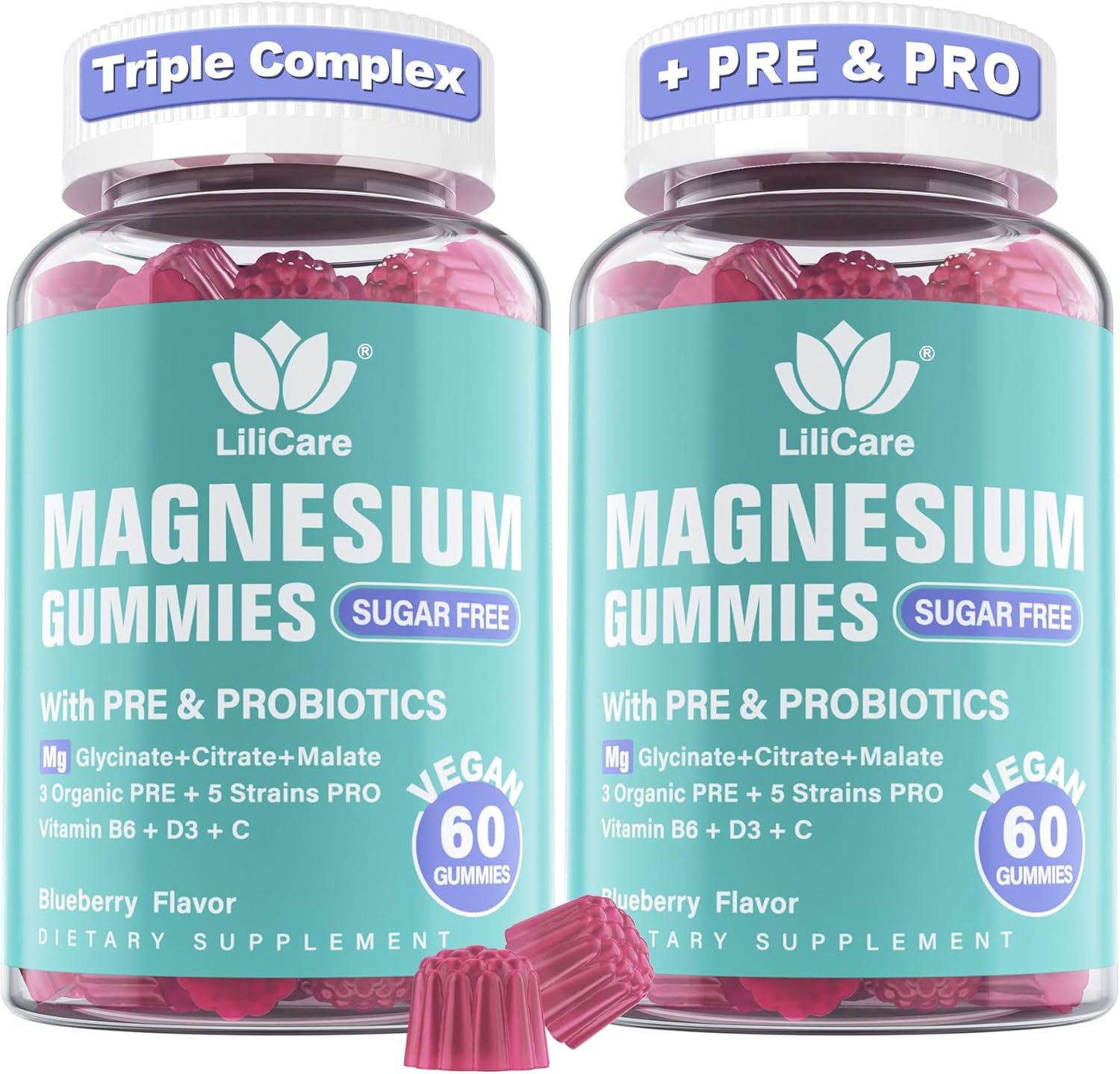Magnesium Complex Gummies 400 mg for Women Men, Triple Calm Magnesium Glycinate Malate Citrate w/Prebiotics & Probiotics, Vitamin B6 D3, Chelated Magnesium Supplement Gummy – Vegan, Sugar Free, 120Ct