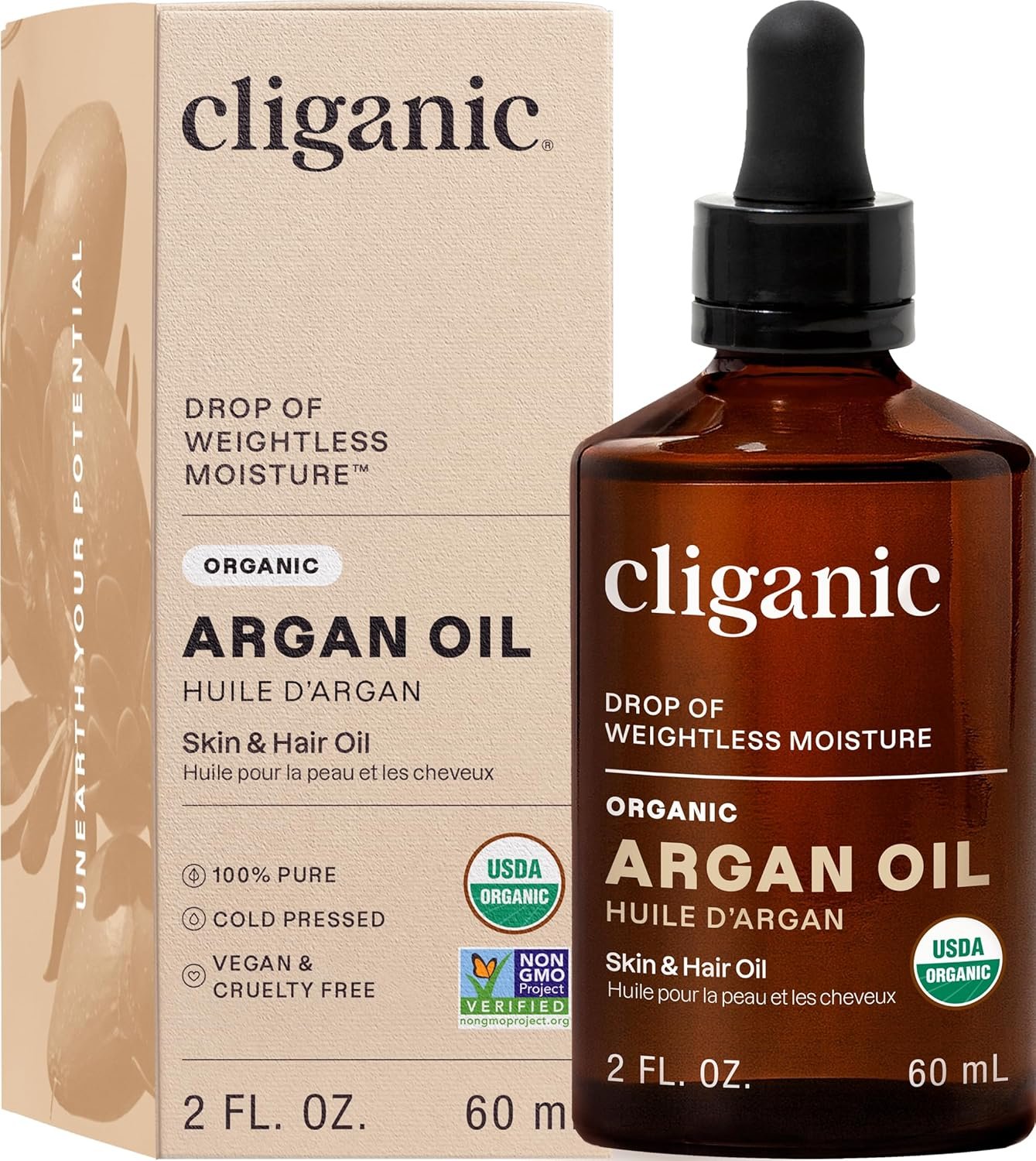 Cliganic Organic Argan Oil, 100% Pure – for Hair, Face & Skin | Cold Pressed Carrier Oil