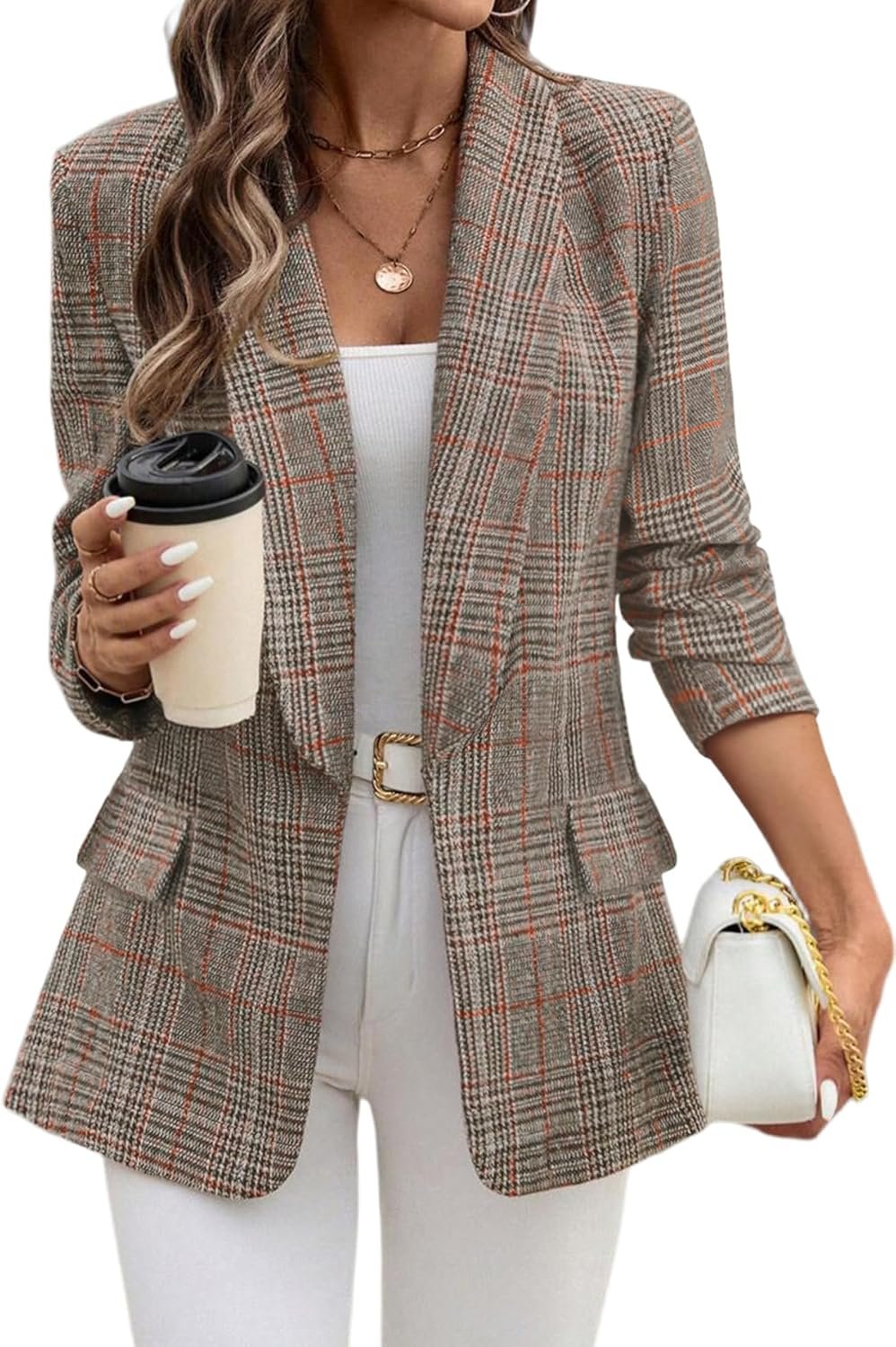 ELLEVEN Women’s Shawl Collar Plaid Boyfriend Blazer，Business Casual Open Front Houndstooth Work Office Suit Jackets